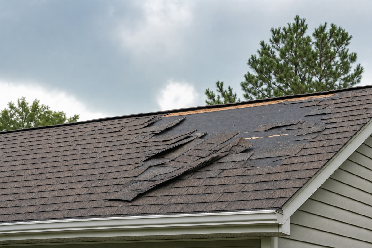Wind-lifted, creased and missing shingles exposing roof underlayment